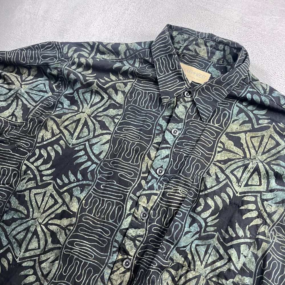 Johari West Men 3XLT Batik Shirt Green Black Cotton Short Sleeve Woodblock Print